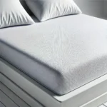 DALL·E 2024-07-16 20.59.45 - A plain King-sized mattress protector placed on a white bed. The protector is made of smooth jersey knitted fabric with a TPU backing, making it water